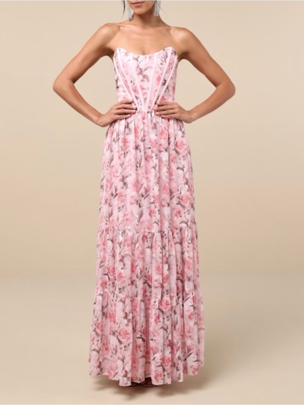 Lulu's Blush Pink Floral Strapless Maxi Dress